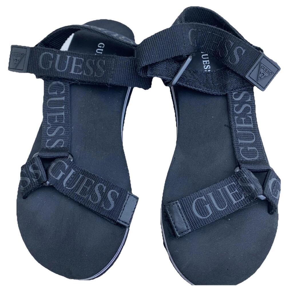 WOMEN'S GUESS BLACK STRAPS SARLOW PLATFORM FLIP FLOPS WEDGE Sz 7.5